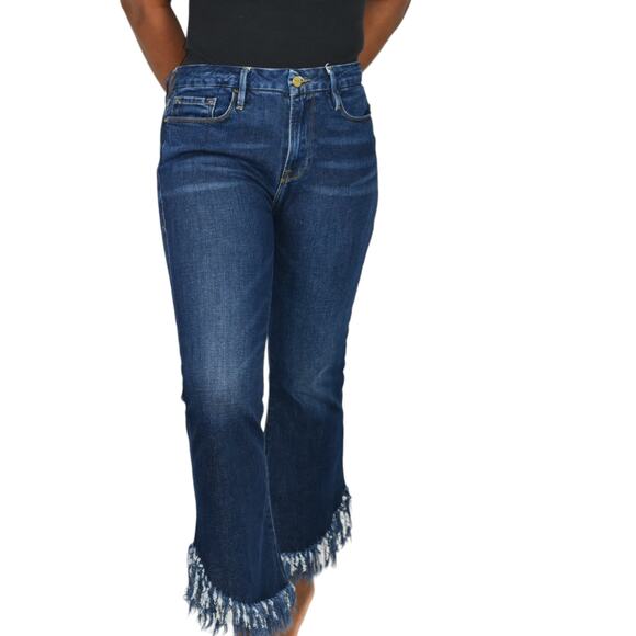 Frame Le Crop Mini Boot Jeans Blue Mid Rise Stretch Shredded Fringe Hem Size 29 - Picture 10 of 15